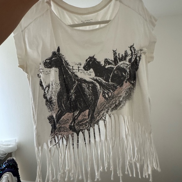 All Saints White Graphic Tee with Fringes - Picture 1 of 3
